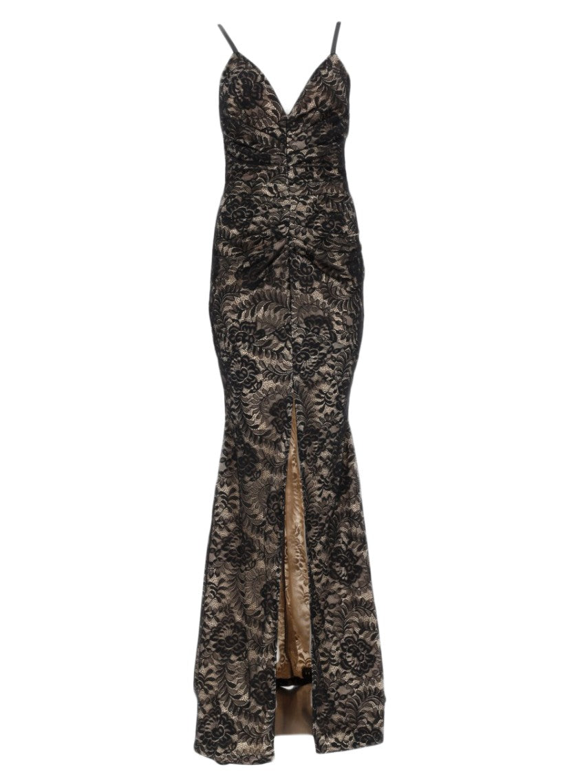 Joshe Intricate Lace Overlay Evening Dress With Ruched Bust