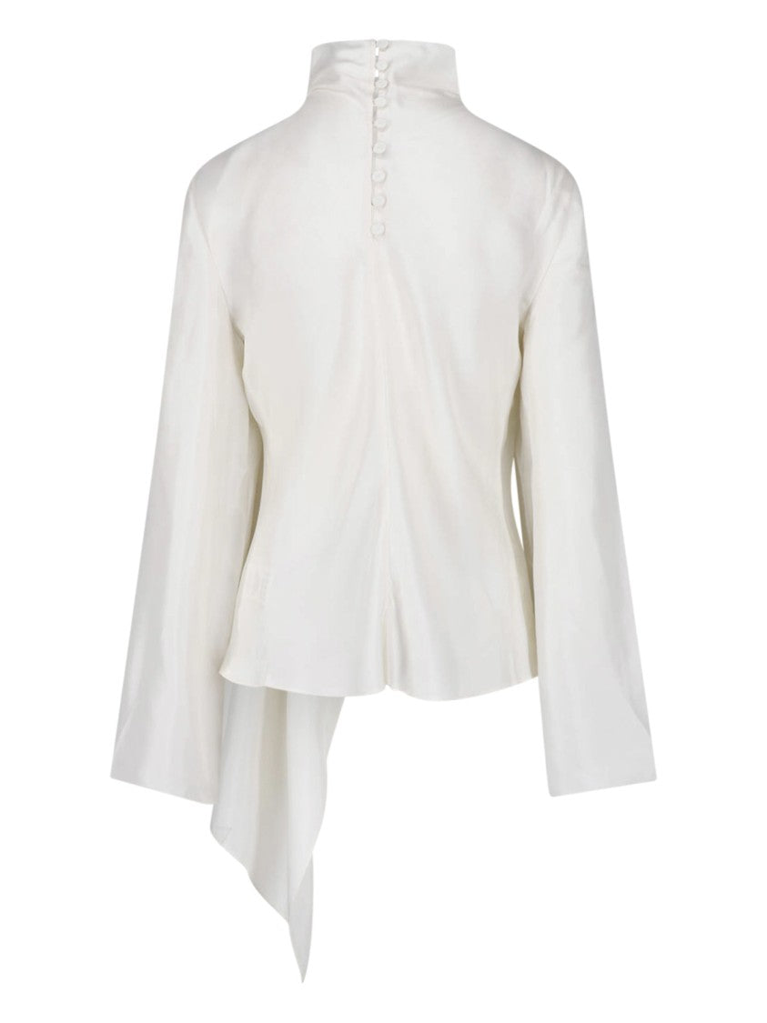 Róhe Cream High Collar Draped Cape Silk Top