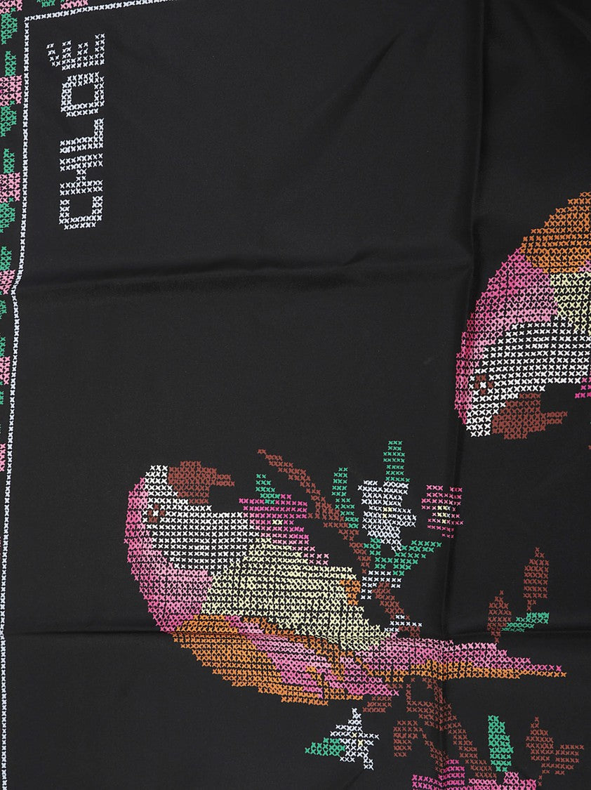 Chloé Silk Scarf With Pixelated Bird And Floral Pattern