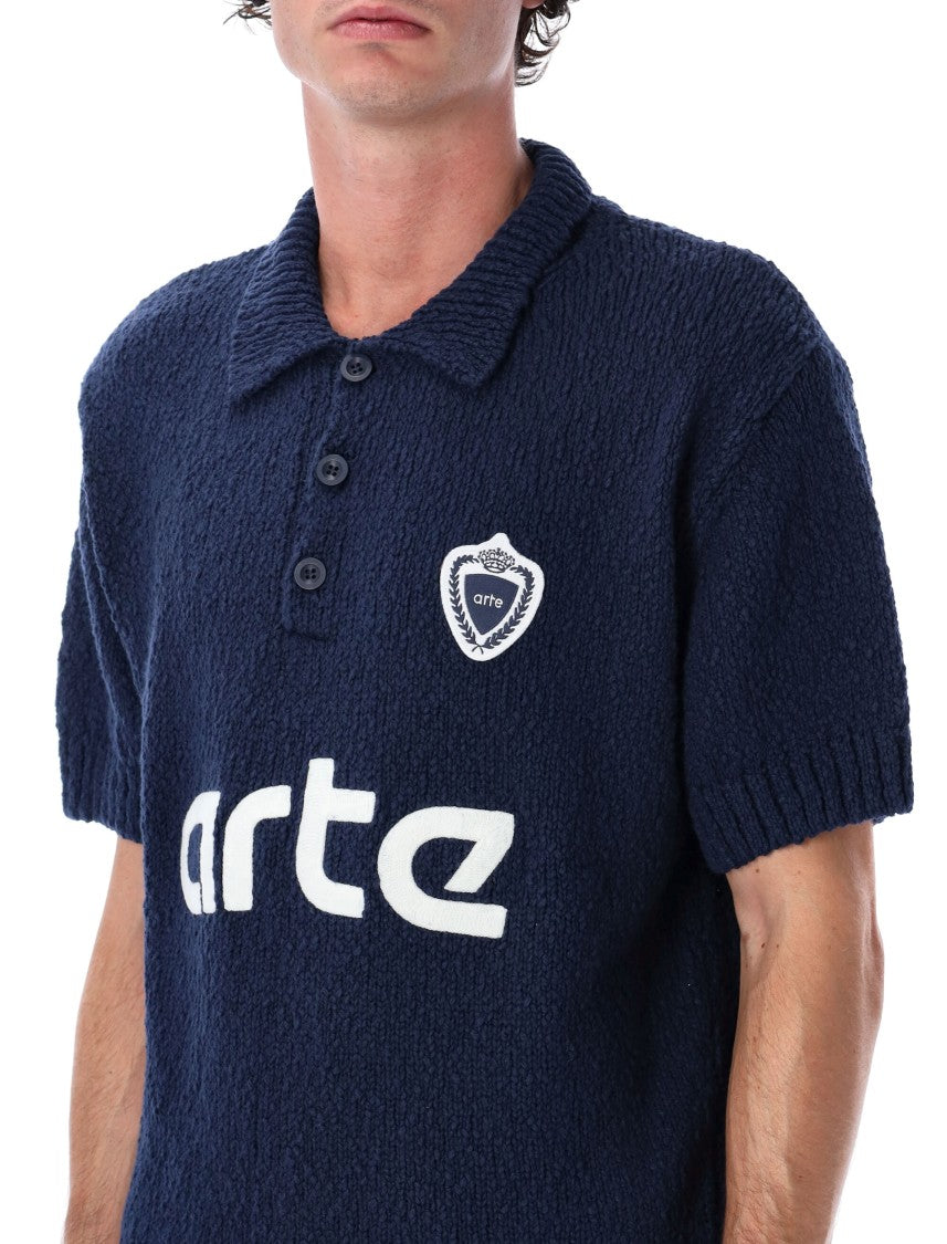 Arte Antwerp Football Knit Blue Cotton Polo Sweater