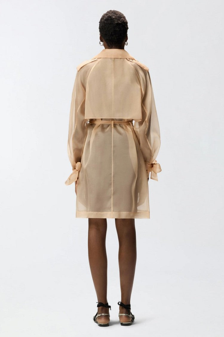 Pinko Beige Sheer Double-Breasted Self-Tie Belt Silk Trench Coat