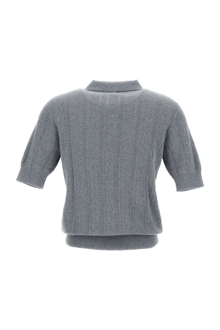 Lisa Yang Cropped Grey Wool Sweater With Polo Neckline And Ribbed Details
