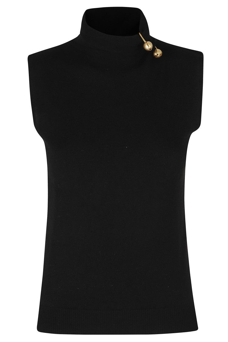 Alberta Ferretti Black Ribbed Trim Removable Jewel High Neck Wool-Blend Tank Top