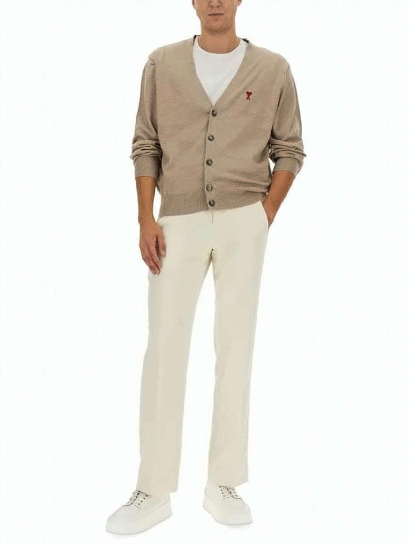 Ami Paris Merino Wool Cardigan With V-Neck And Emblem