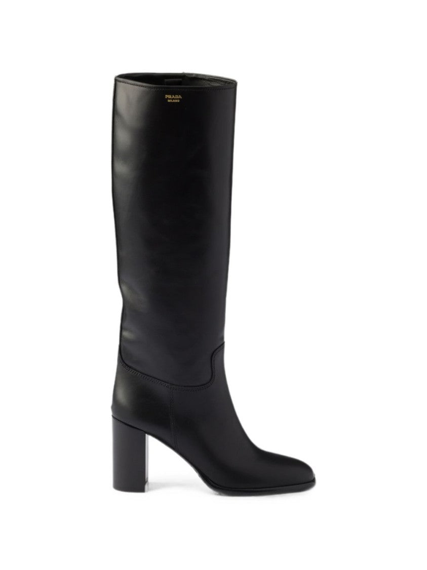 Prada Black Gold Logo Block Heel Leather Boots