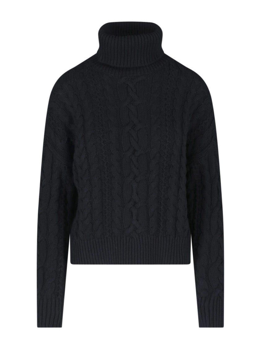 Polo Ralph Lauren Black Cable-Knit Cropped Ribbed Cotton Turtleneck Sweater