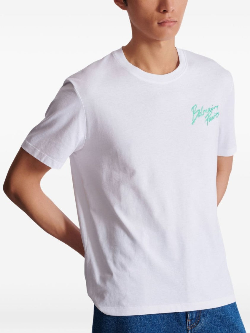 Balmain White Brush Logo Cotton T-Shirt