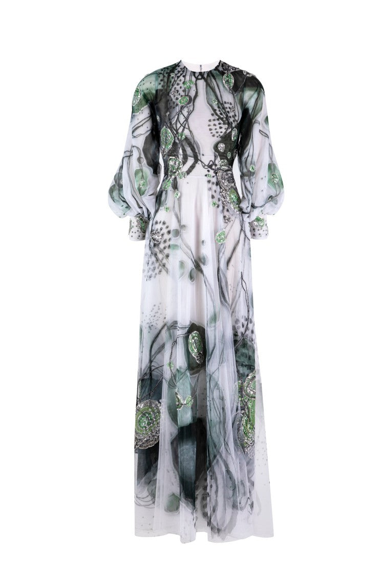 Saiid Kobeisy Tulle Printed Dress With Beading