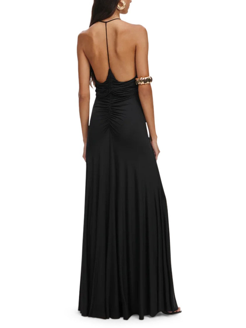 Self-Portrait Gathered Black Jersey Maxi Dress With Deep V-Neckline