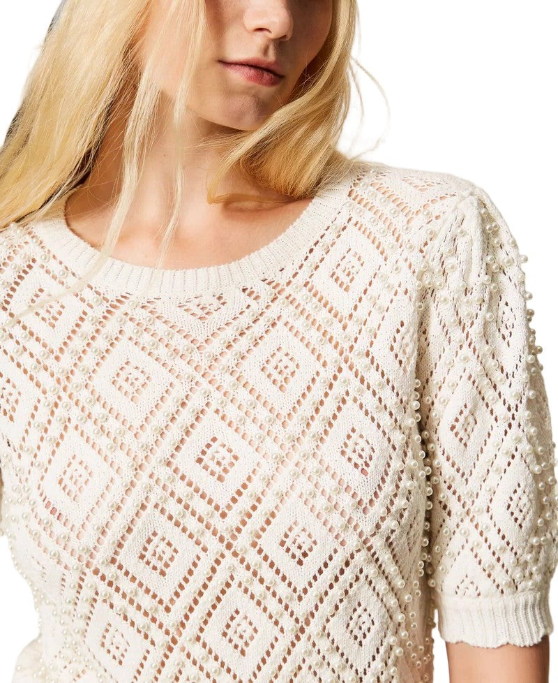 Twin-Set Cotton Punched Diamond Pearl Accent Short-Sleeved Top
