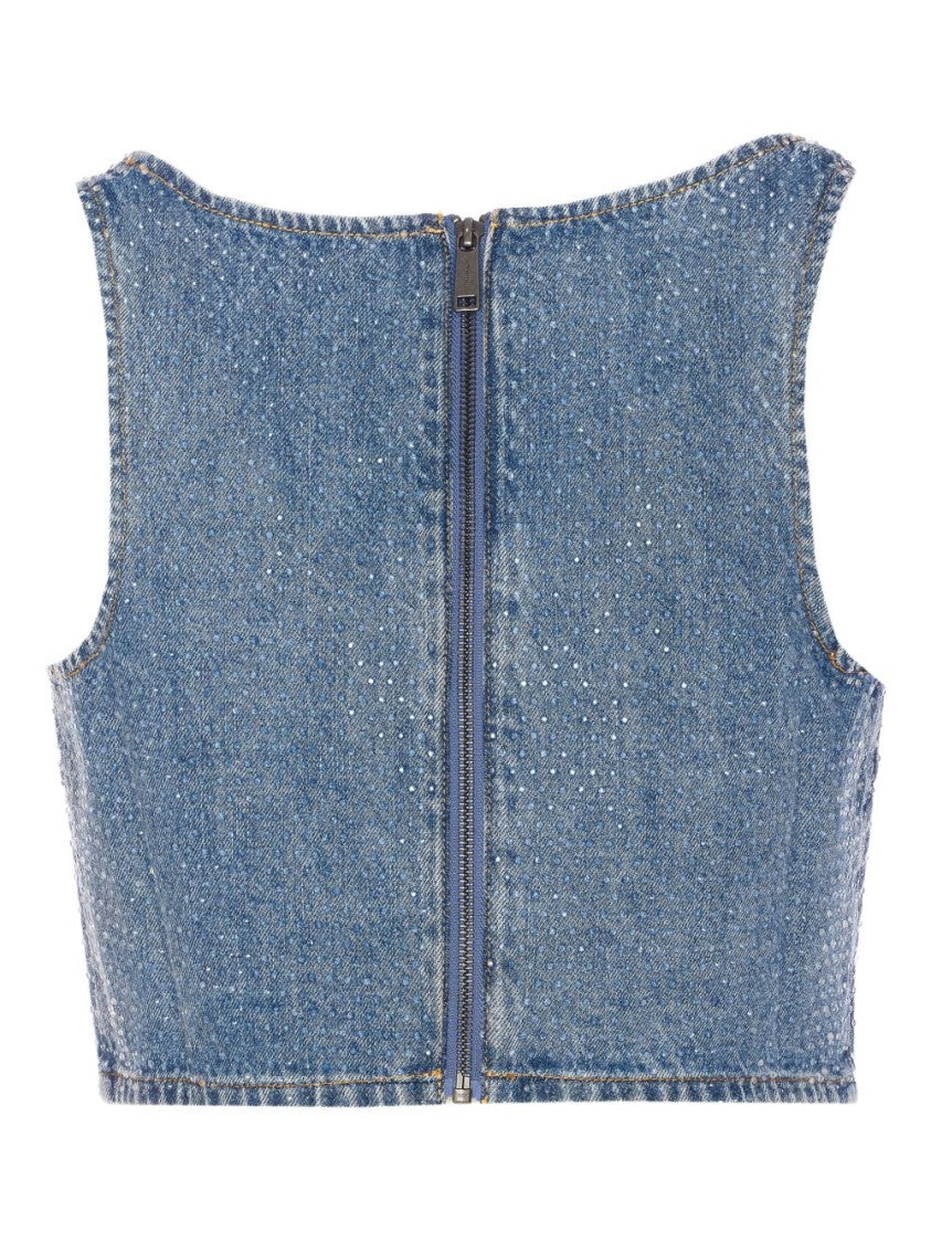 Self-Portrait Sleeveless Denim Crop Top With Crystal Embellishments And Zip Closure