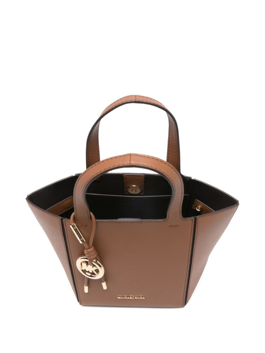 Michael Kors Trapezoidal Brown Leather Tote Bag With Decorative Charm