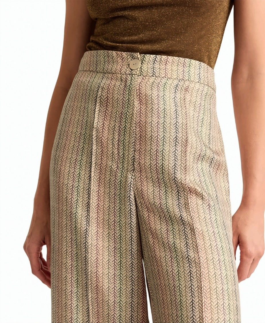 Momonì Printed Pure Silk Twill Mother-Of-Pearl Wide-Leg Trousers
