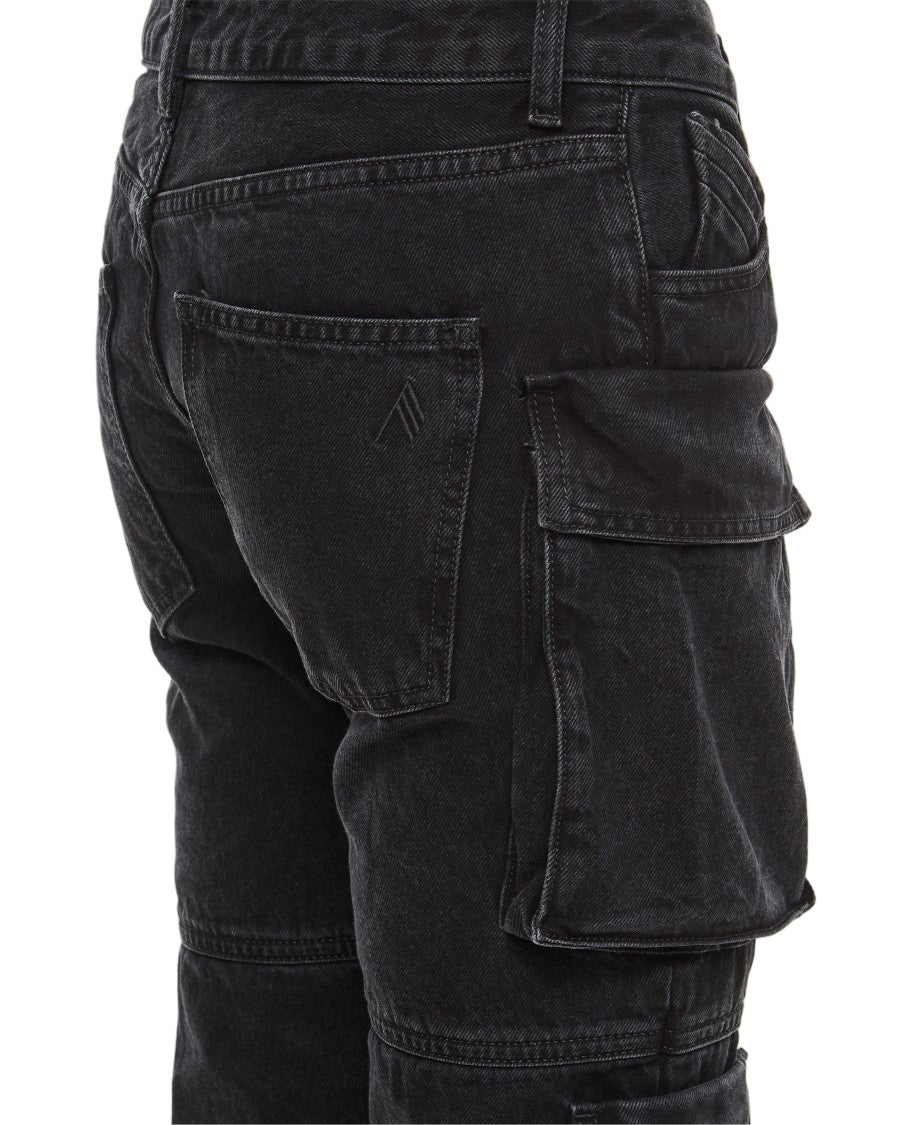 The Attico Washed Black Denim Cargo Pants With Adjustable Cuffs And Multi-Patch Pockets
