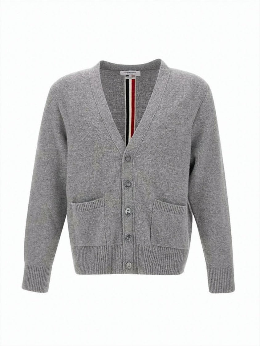 Thom Browne V-Neck Grey Wool Cardigan With Distinctive Stripe Detail