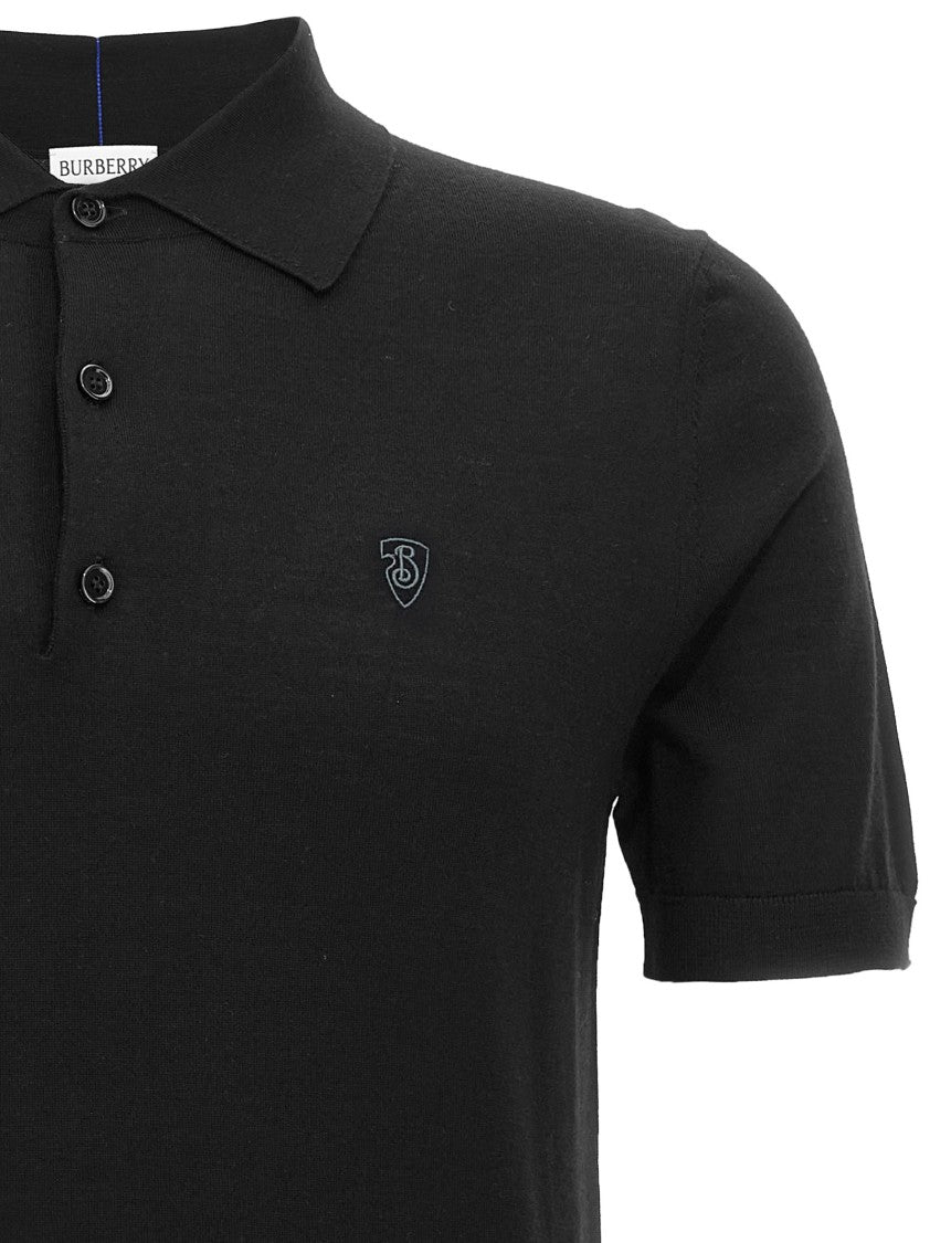 Burberry Contrast-Embroidered Black Wool Polo Shirt