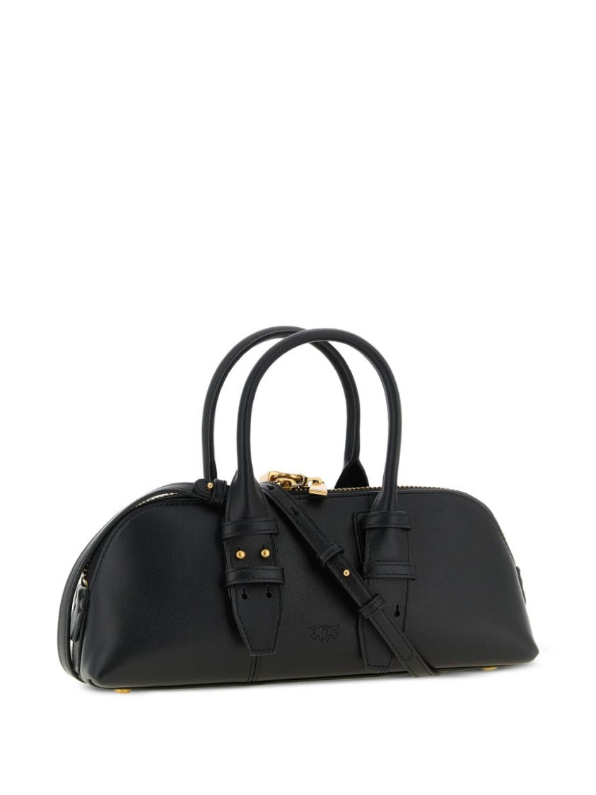 Pinko Structured Black Leather Shoulder Bag With Gold Accents