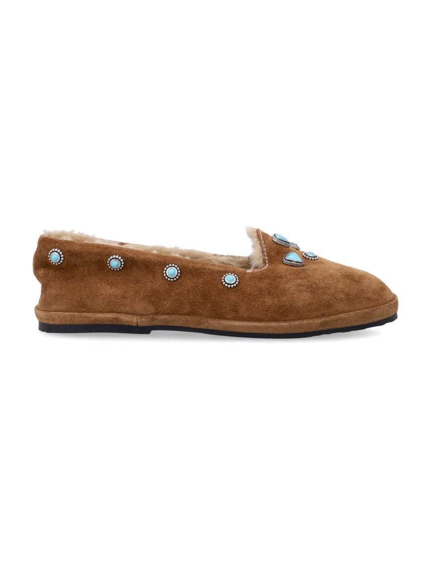 Fortela Suede Friulan Slippers With Turquoise Stone Embellishments