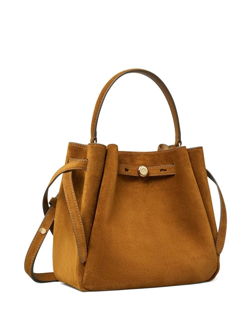 Tory Burch Structured Suede Brown Bucket Bag With Gold Accents