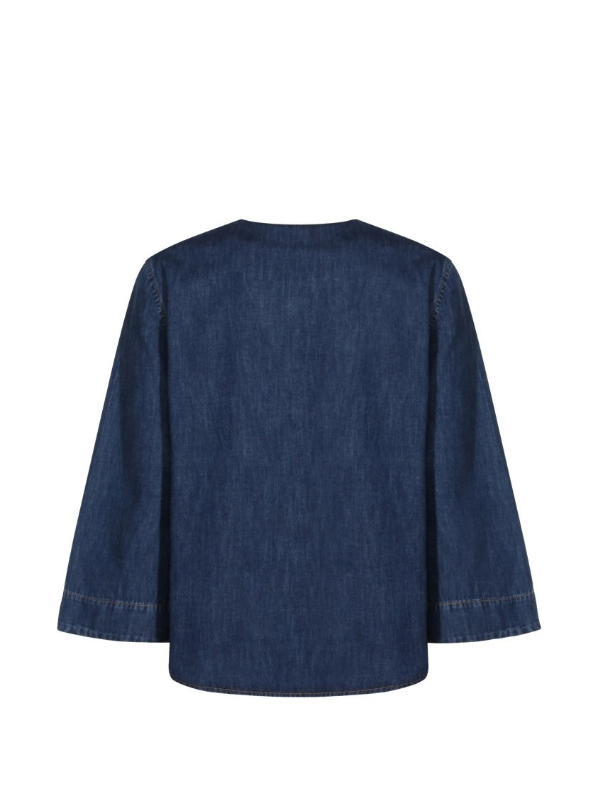 Valentino Blue Boxy Metallic-V Detail Denim Top