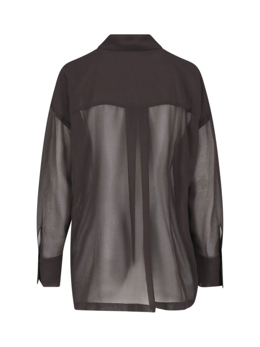 Parosh Semi-Transparent Brown Blouse With Front Ruffles