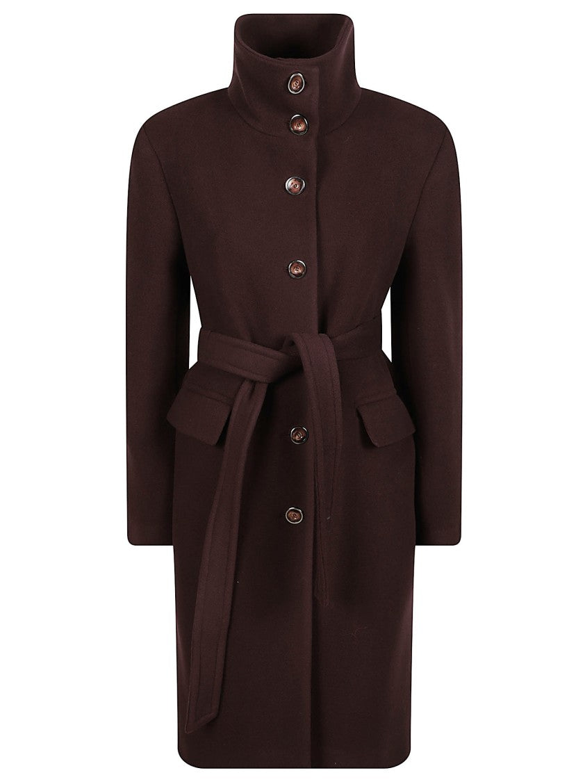 Pinko Belted Brown Wool Blend Coat With High Stand Collar
