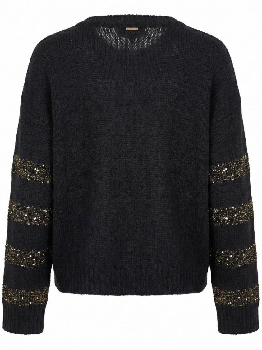 Twin-Set Relaxed Fit Black Knit Sweater With Sequined Sleeves