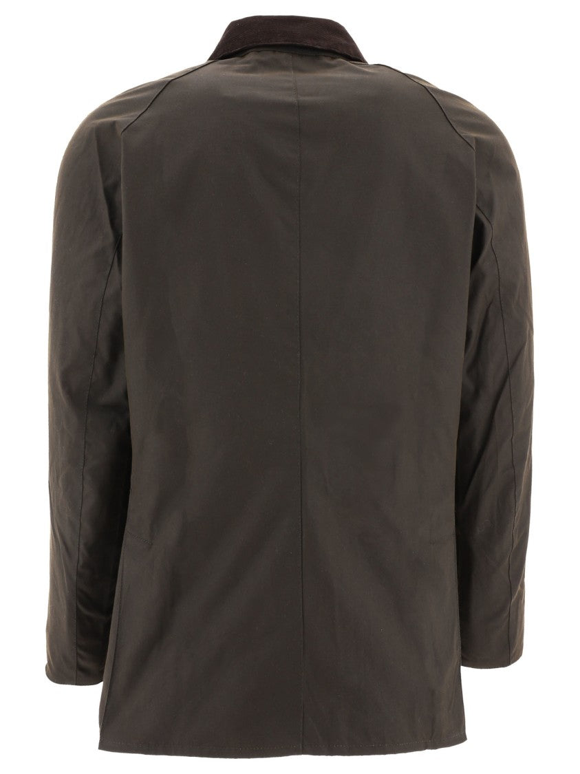 Barbour Waxed Cotton Jacket With Corduroy Collar And Flap Pockets