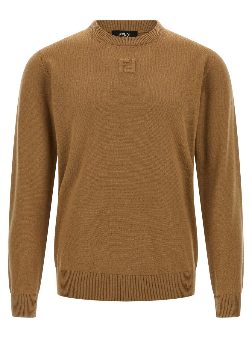 Fendi Wool Sweater With Embossed Logo And Ribbed Hem