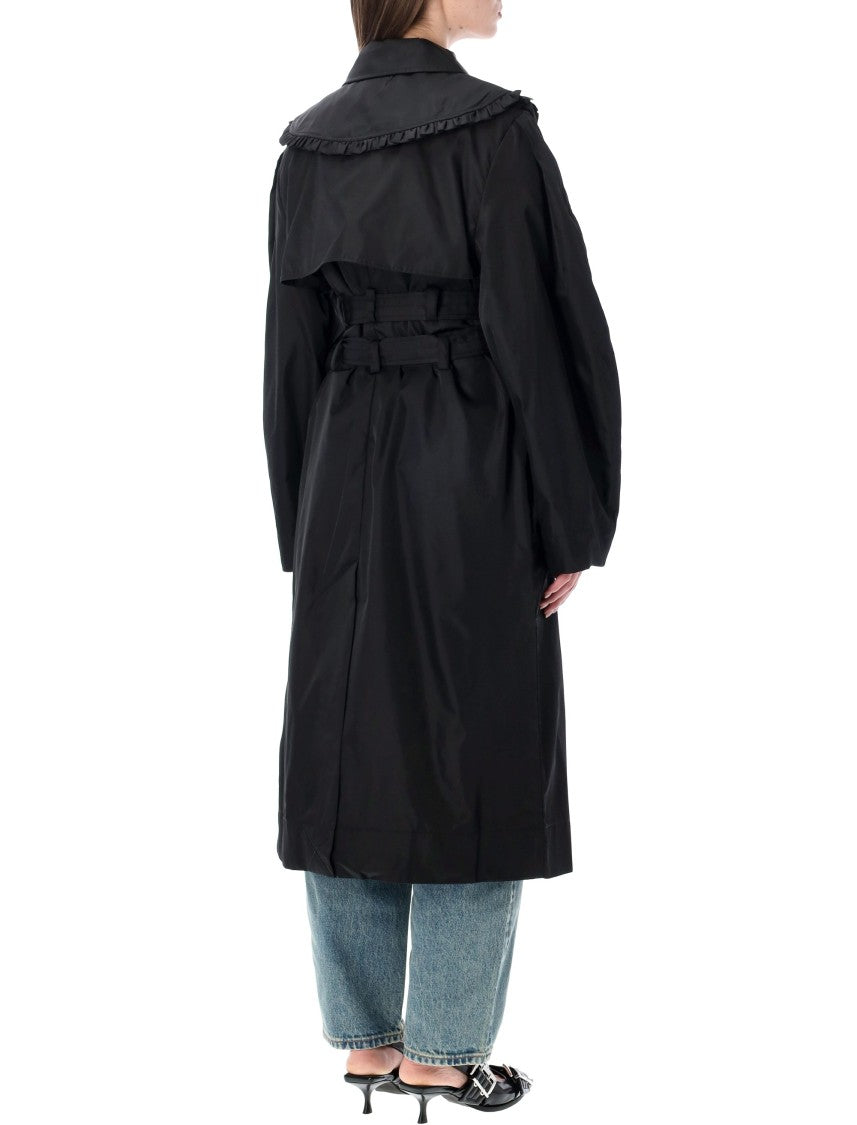 Ganni Structured Duchesse Nylon Trench Coat With Ruffled Collar