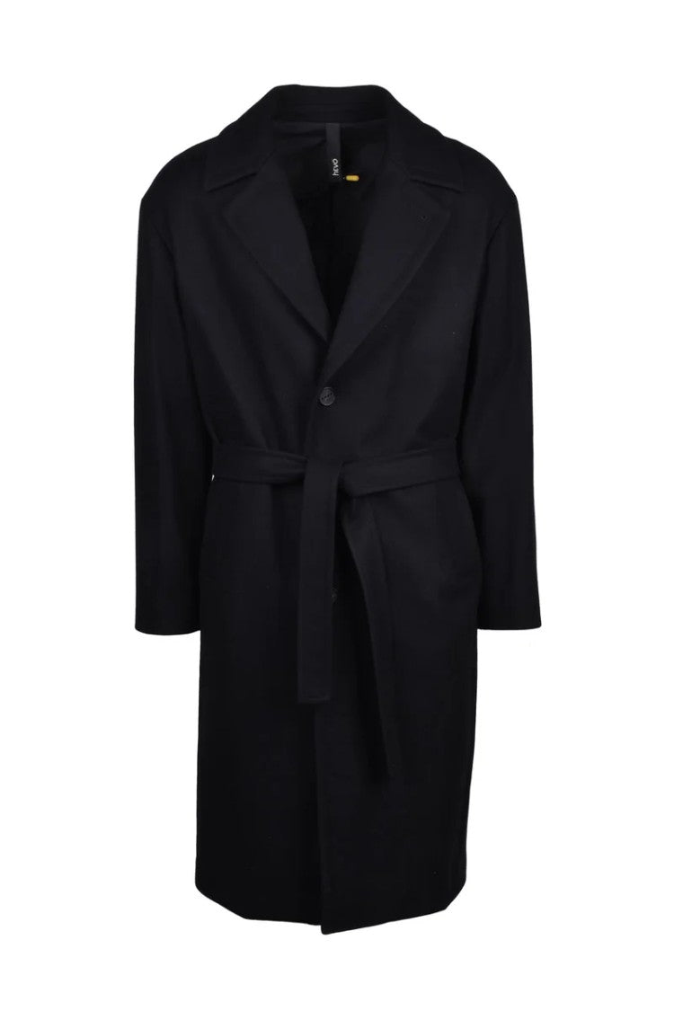 Hevo Mid-Length Black Coat With Self-Tie Belt