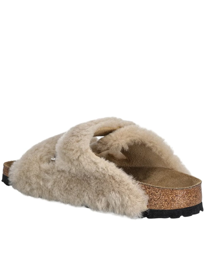 Birkenstock Slip-On Shearling Sandals With Contoured Cork Footbed