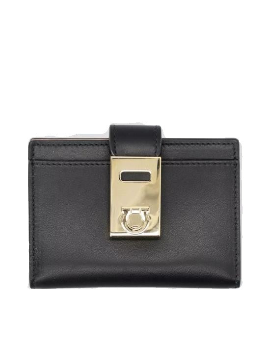 Ferragamo Polished Black Calf Leather Wallet With Metallic Clasp