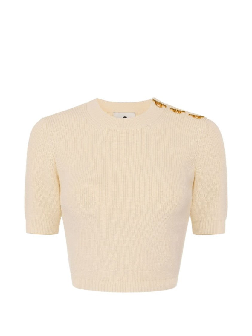 Elisabetta Franchi White Short-Sleeve Ribbed Knit Top