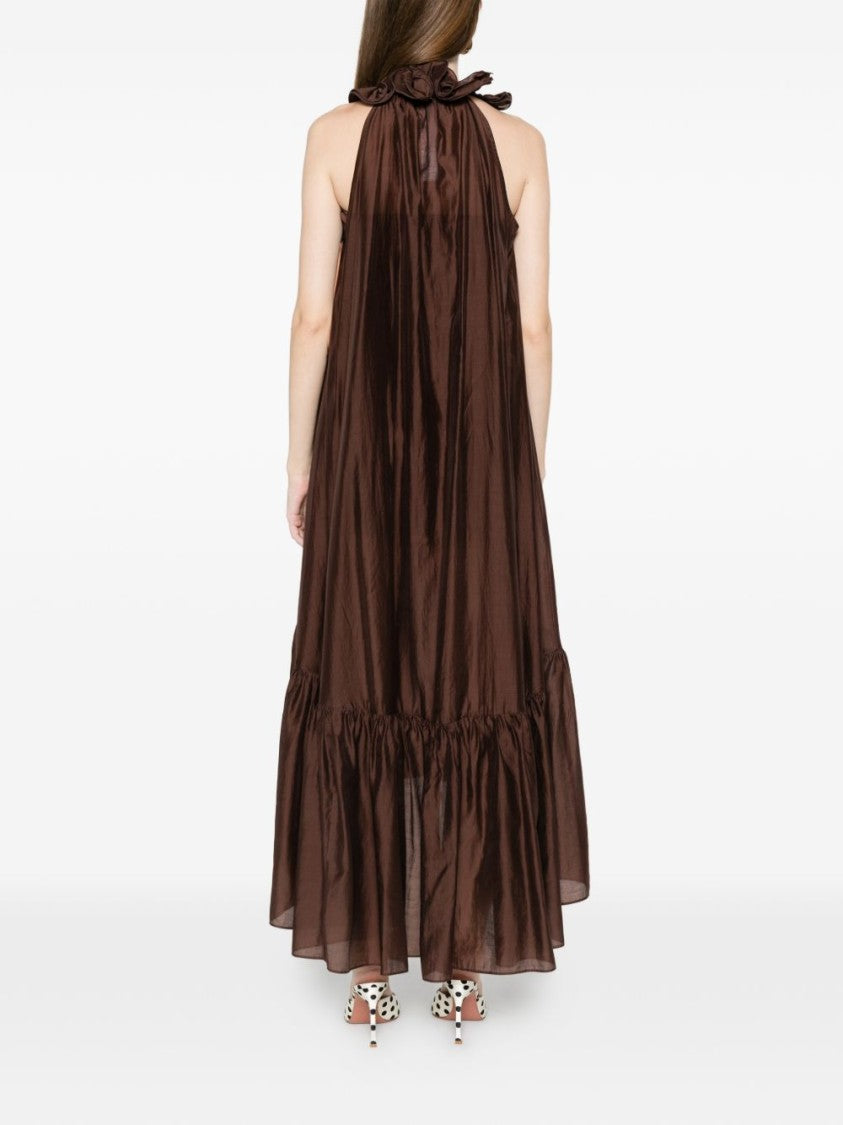 Twin-Set Chocolate Brown Ruffle Detail Midi Dress With Tiered Hem