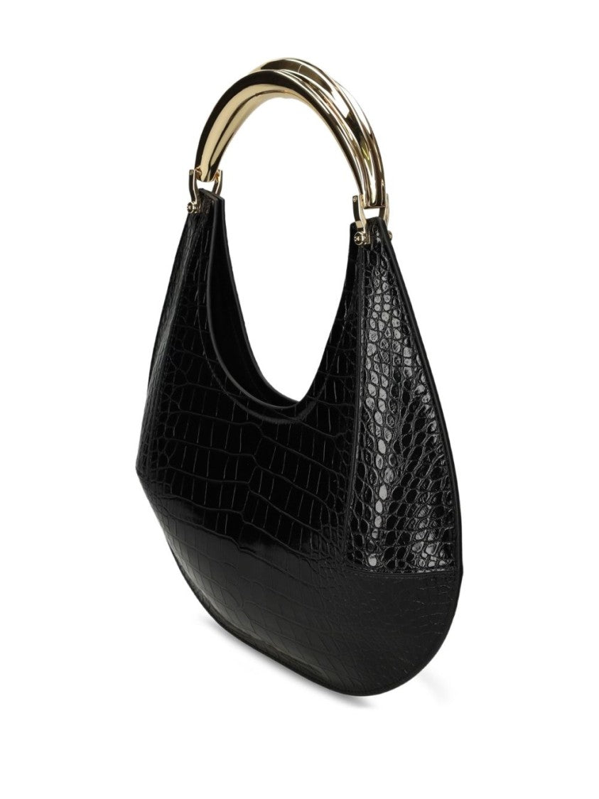 Elisabetta Franchi Crescent-Shaped Black Crocodile-Embossed Shoulder Bag