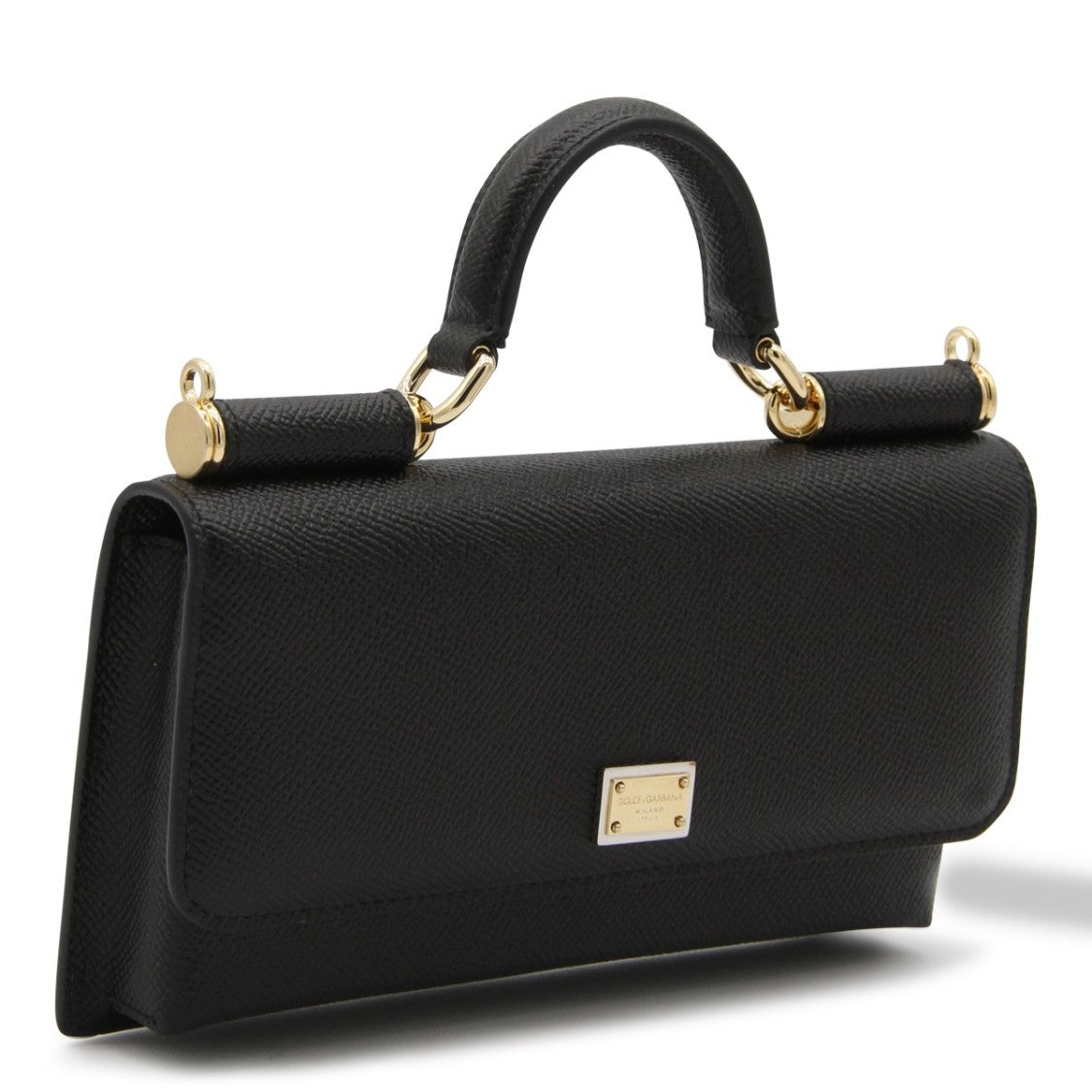 Dolce & Gabbana Textured Black Leather Wallet On Chain With Gold-Tone Hardware