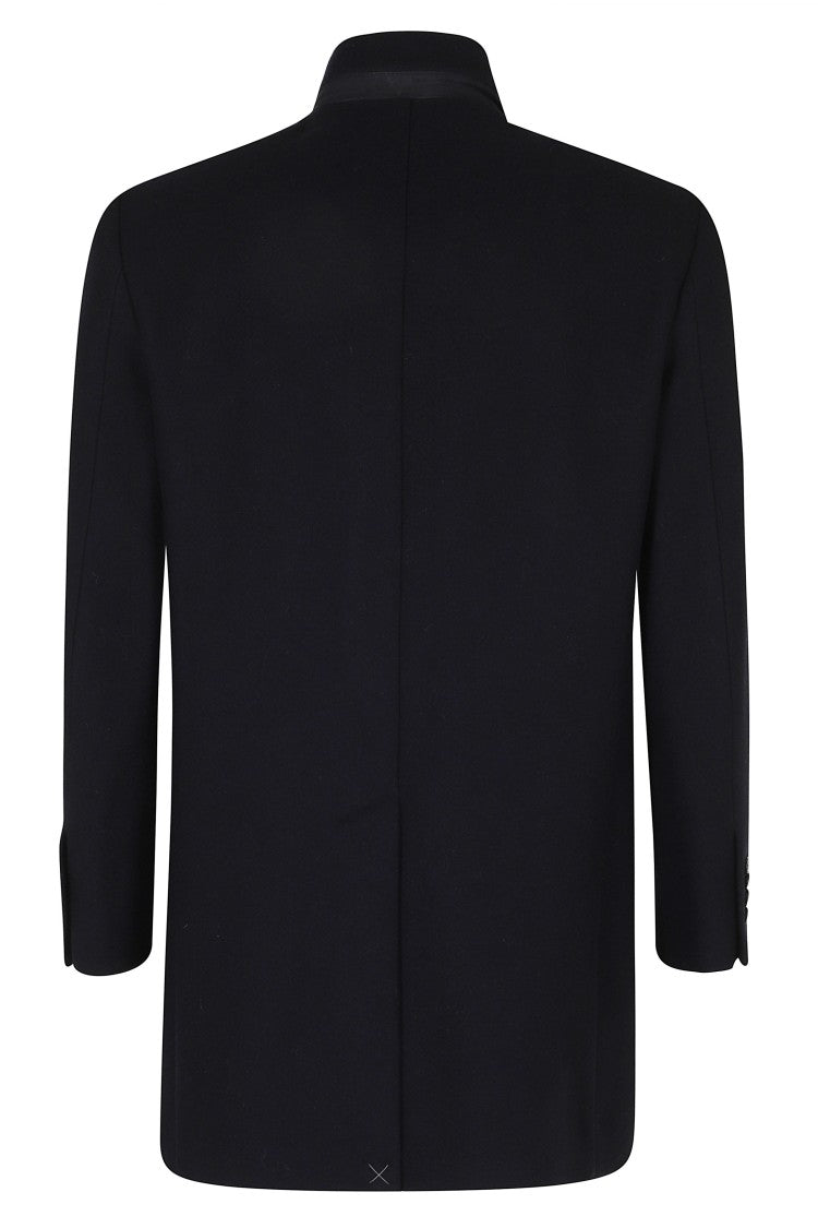Fay Denim Blue Duty High Neck Structured Wool Coat