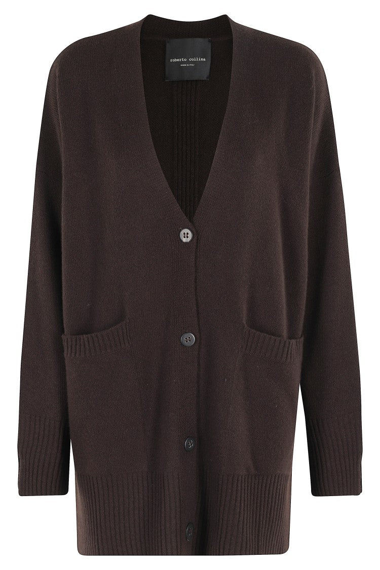 Roberto Collina Oversized Ebony Cardigan With V-Neck And Front Pockets