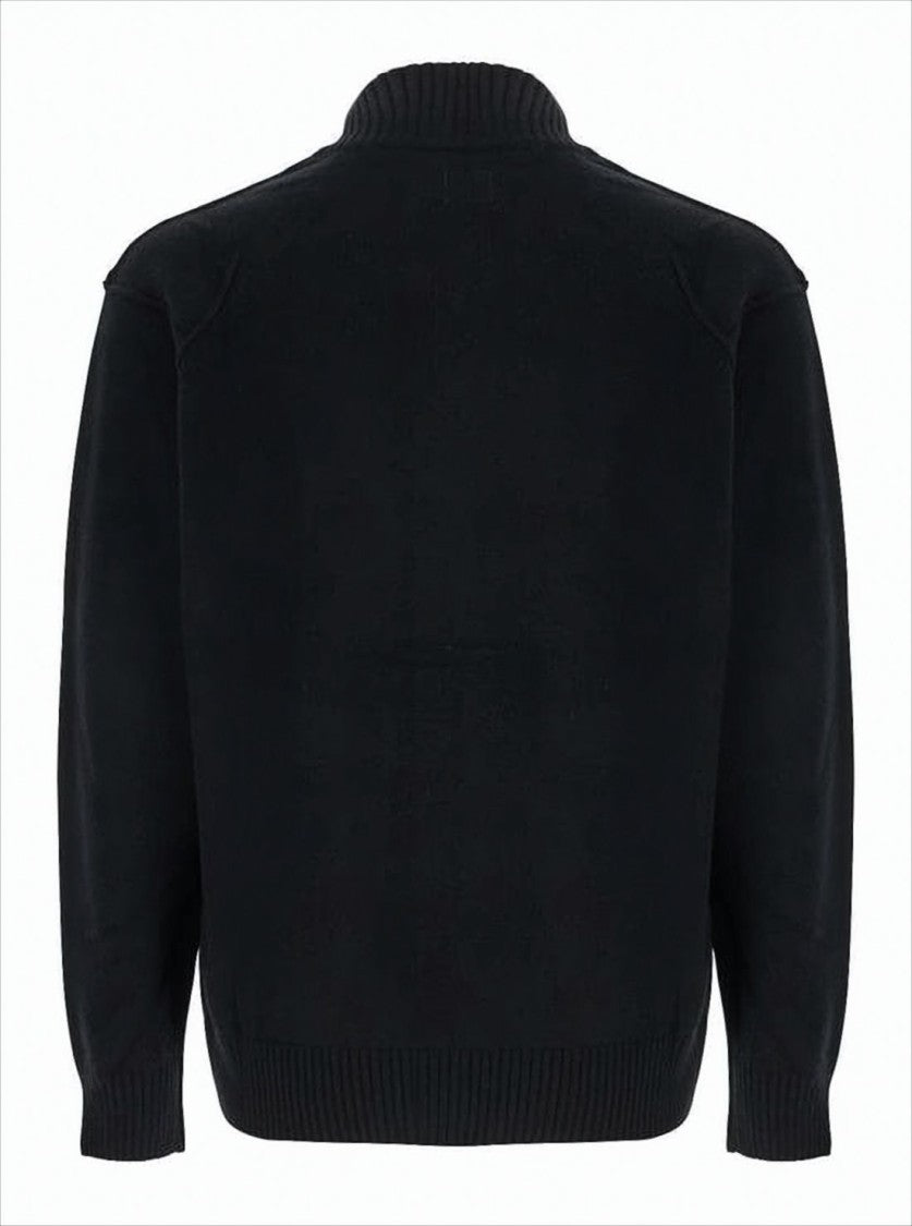 C.P. Company Black Zip-Up Cardigan With Ribbed Detailing And Logo Patch