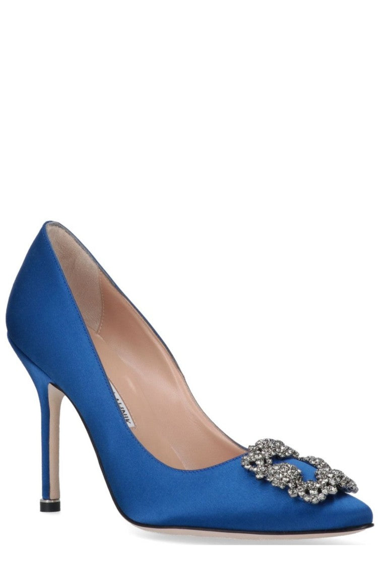 Manolo Blahnik Pointed-Toe Mid-Height Stiletto Pumps With Decorative Embellishment