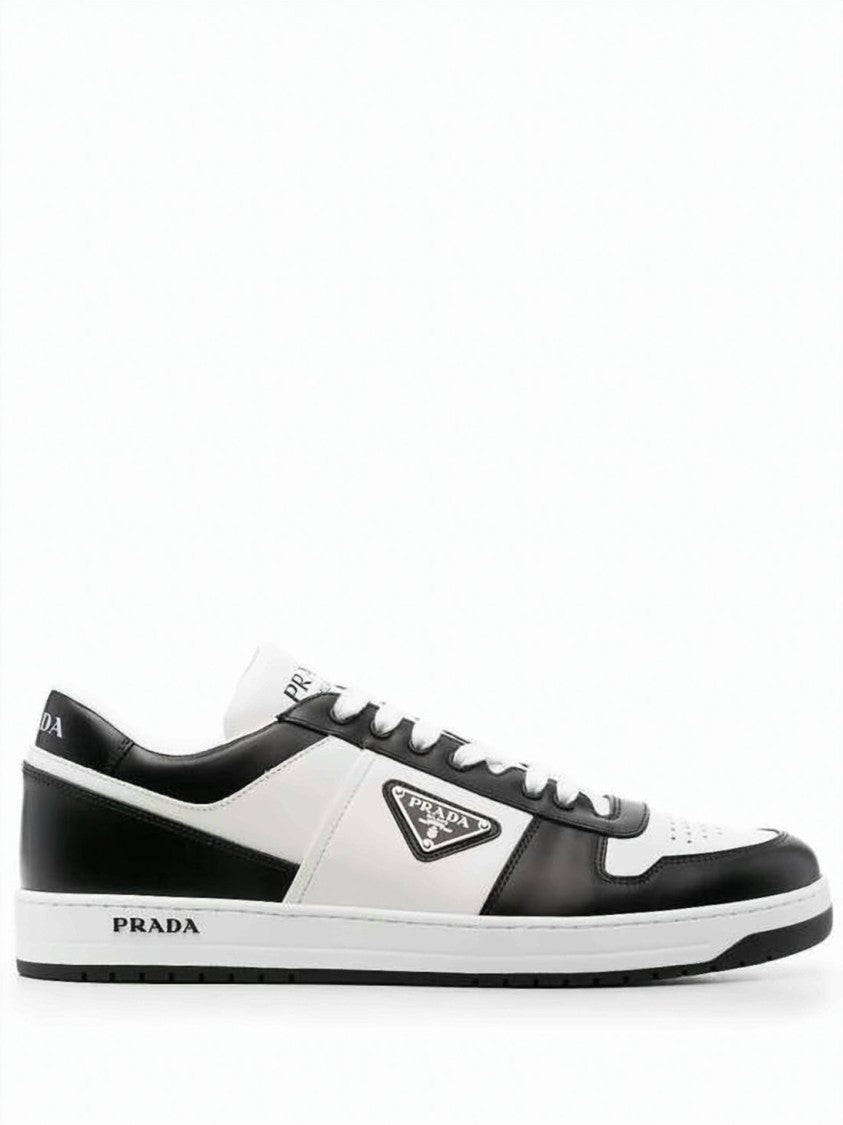 Prada Low-Top Leather Sneakers With Perforated Detailing And Triangular Logo