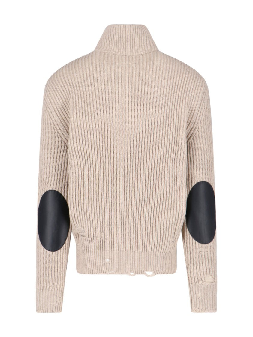 Mm6 By Maison Margiela Ribbed High-Neck Knit Sweater With Distressed Details