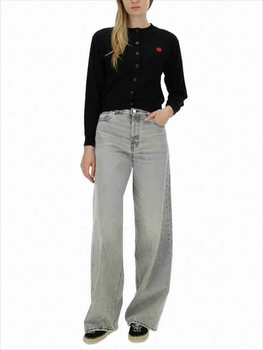 Kenzo Cropped Black Wool Cardigan With Button-Down Front And Embroidered Detail