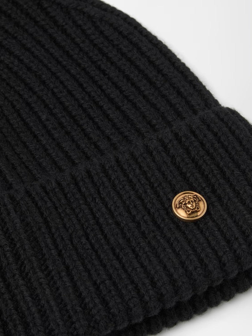 Versace Ribbed Knit Metallic Emblem Beanie