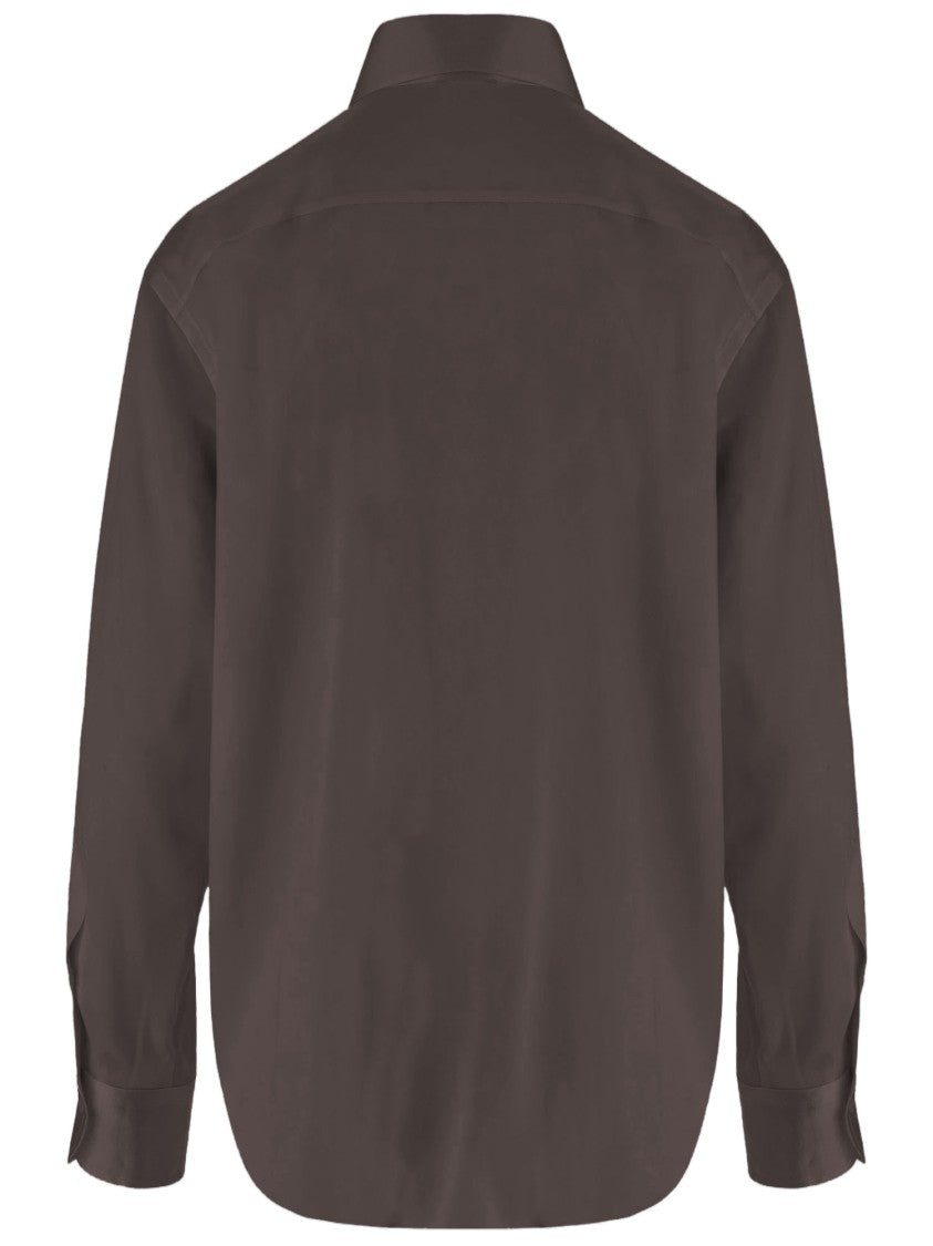Her Shirt Brown Classic Collar Curved Hem Stretch Silk Shirt