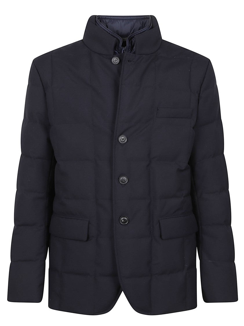 Fay Navy Blue Down-Filled Quilted Jacket With Checked Pattern