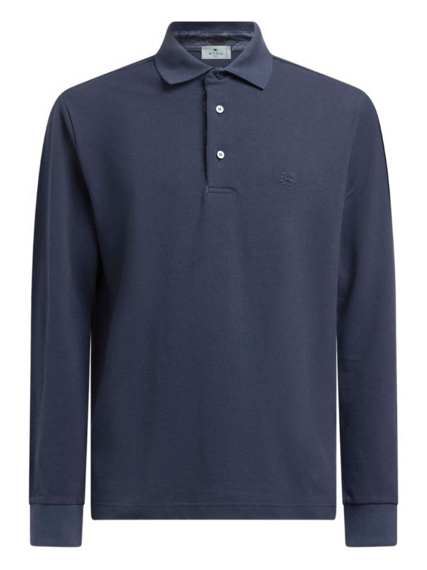 Etro Pegaso-Embroidered Navy Blue Long Sleeve Polo Shirt