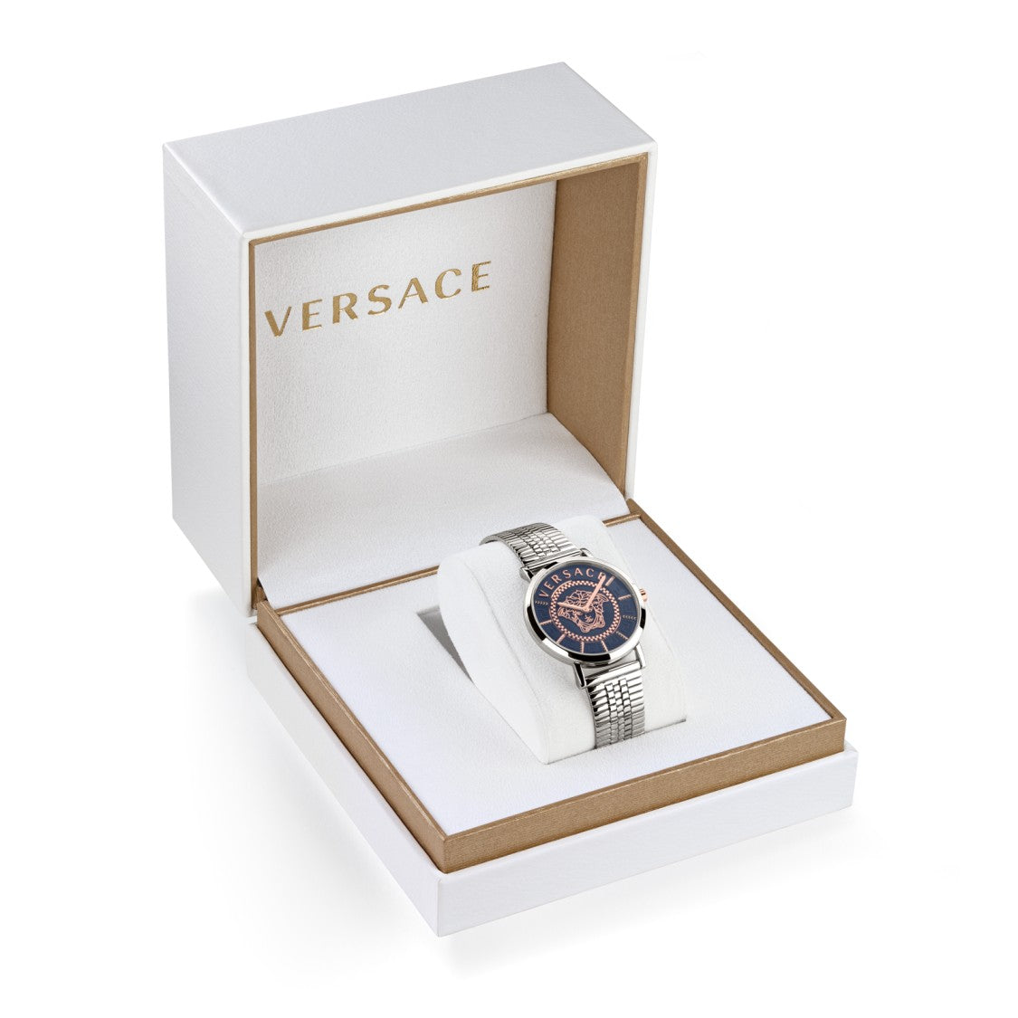 Versace V-Essential 36Mm Steel Watch With Deep Blue Dial And Medusa Design