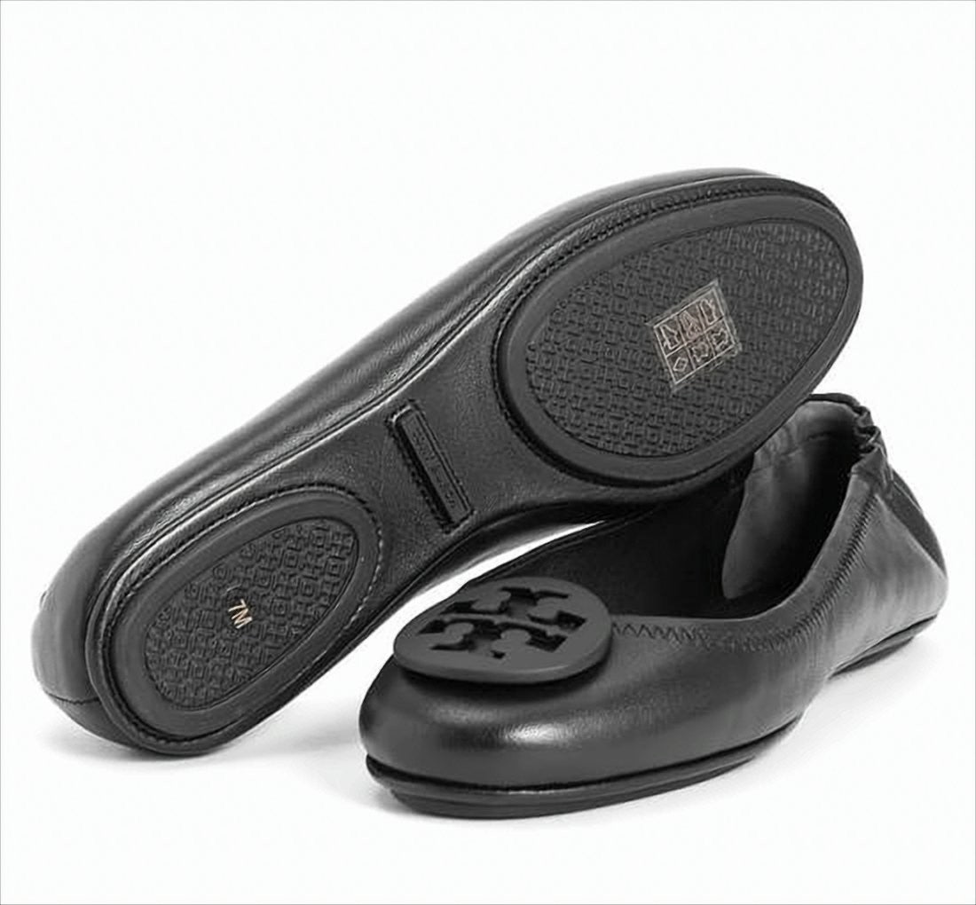 Tory Burch Black Leather Ballet Flats With Circular Logo Emblem